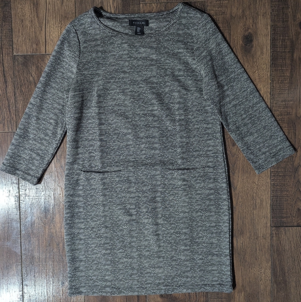 Tahari Women's Black & White Speckled Tweed Sheath Dress Size M Front PocketsP